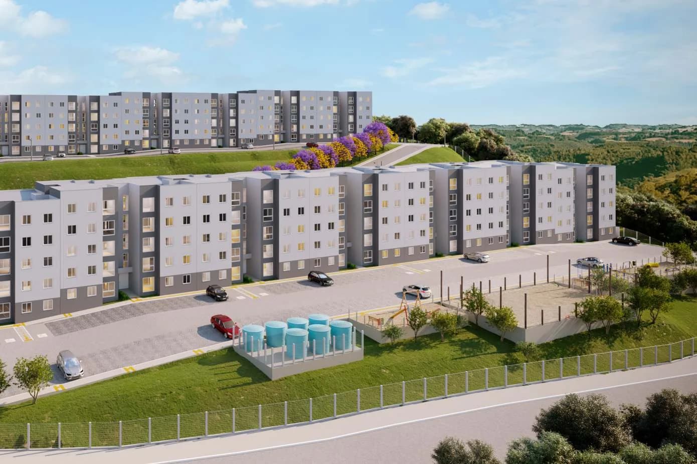 Vista aérea do Residencial Milano, com os 13 blocos e as áreas de convivência