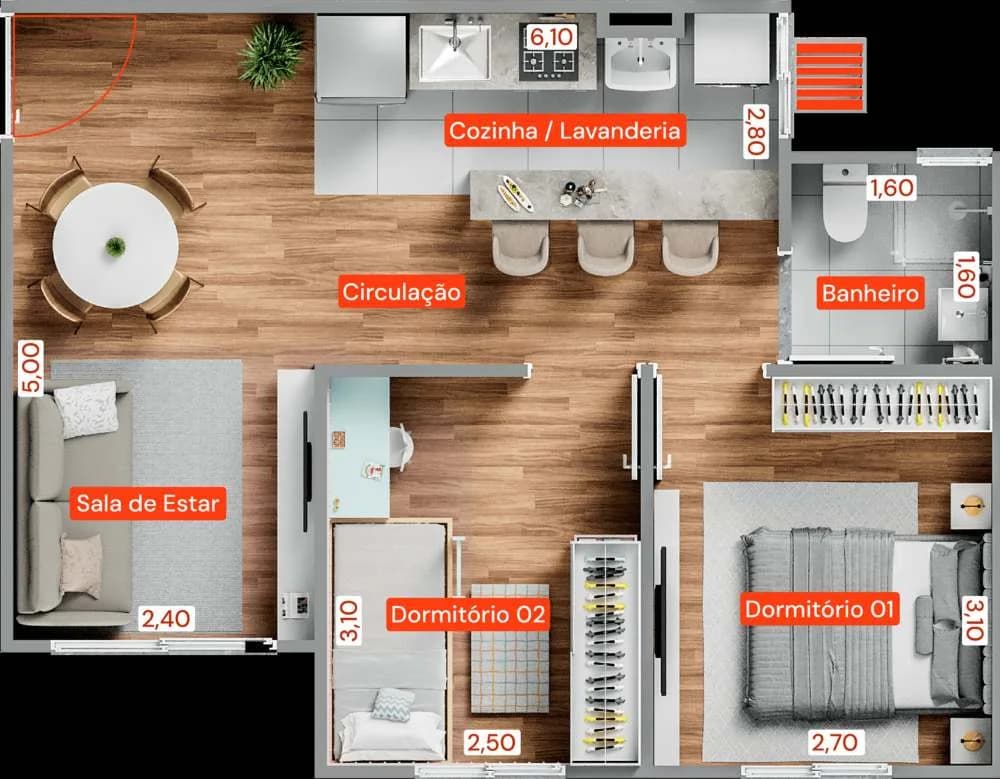 Planta do apartamento padrão de 44,625m², com sala de estar, cozinha e lavanderia integradas, dois dormitórios e banheiro