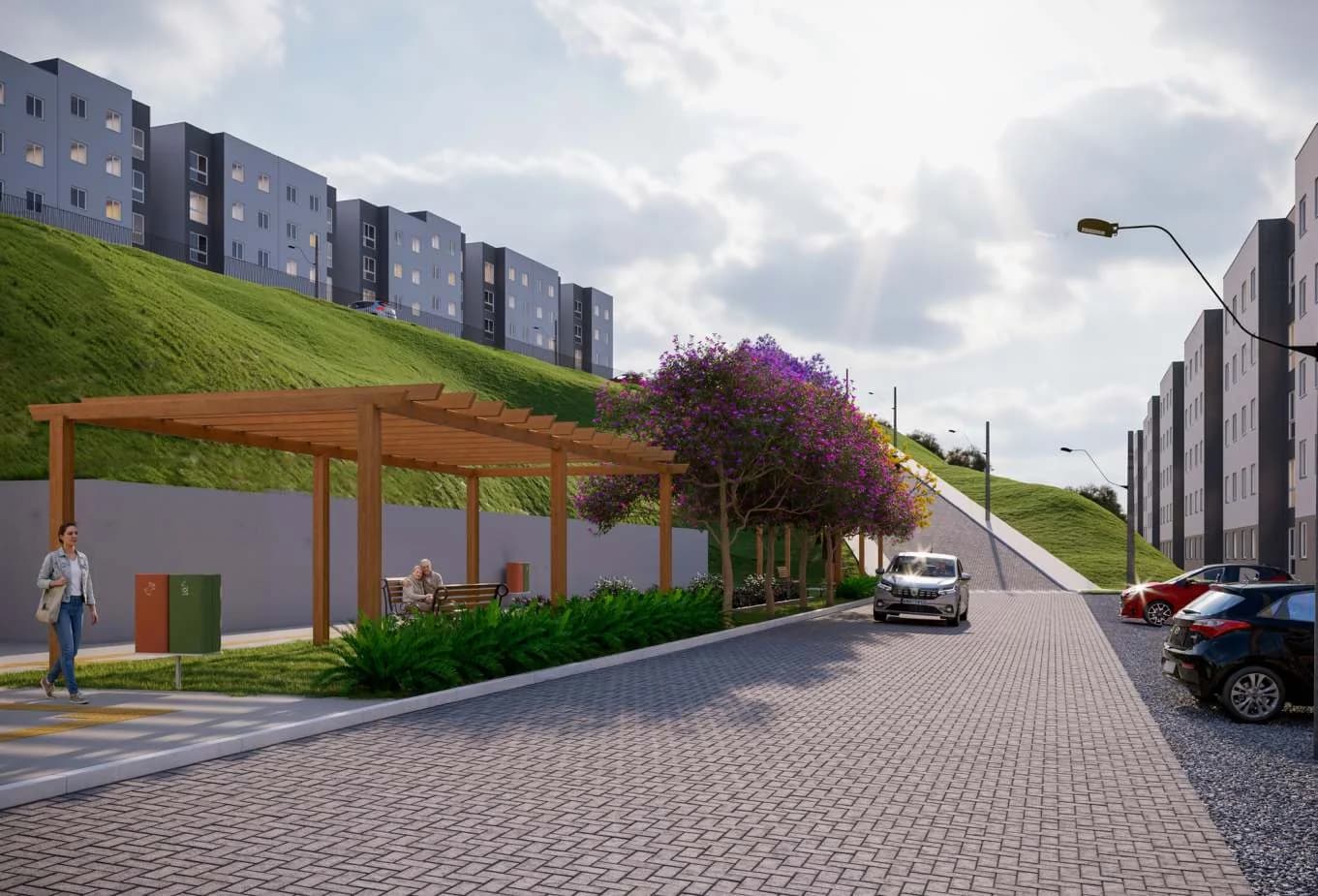 Rua interna do Residencial Milano com pergolados e área verde